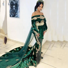 Green Velour Moroccan Kaftan Appliques Arabic Muslim Evening Dresses With Court Train Sexy Off The Shoulder Mermaid Prom Dress 2024 - buy cheap