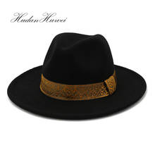 New Fashion Solid Jazz Woolen Fedora Hat British Style Wide Brim Cotton Gentlemen Ladies Church Top Black Caps 2024 - buy cheap