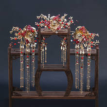 bride's Chinese red rhinestone headdress earrings tassel coronet and phonix wedding hair ornaments 2024 - buy cheap