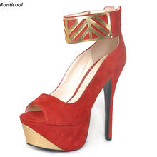 Туфли-лодочки женские Ronticool, красные банкетные туфли на высоком каблуке-шпильке, с открытым носком, с ремешком на щиколотке, США размера плюс, 5-20 2024 - купить недорого