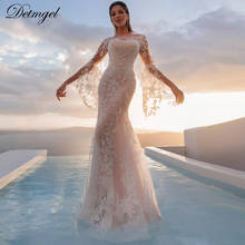 Detmgel-vestido de novia de sirena de manga larga, elegante, con cuello redondo, apliques preciosos, tren de barrido, Princesa, talla grande, 2020 2024 - compra barato