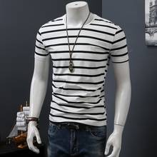 2020 Летняя мужская футболка в полоску, модная Мужская хлопковая футболка с круглым вырезом и коротким рукавом, повседневные топы в Корейском стиле, одежда 2024 - купить недорого