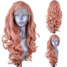 Peruca longa ondulada de cabelo sintético feminina, peruca de cabelo liso rosa com renda frontal, cabelo de alta temperatura, parte lateral, peruca cosplay 2024 - compre barato