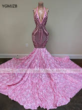 Женское платье-Русалка с лямкой на шее, длинное Привлекательное платье с открытой спиной и цветочным 3D шлейфом, с розовыми блестками, в африканском стиле, 2020 2024 - купить недорого