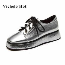 Vichelo Hot comfortable handmade genuine leather flats platform square toe lace up leisure young girls cozy vulcanized shoes L67 2024 - buy cheap