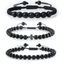 Pulsera trenzada de piedra negra para mujer y hombre, brazalete con cuentas de 6mm, cruz de piedra de Lava volcánica, joyería de Yoga, mejor amiga, regalo hecho a mano 2024 - compra barato