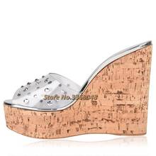 Wedges Platform Slippers Wood Heel Crystal Transparent PVC Sandals Open Toe High Heel Dress Women Shoes Handmade Slip On Shoes 2024 - buy cheap