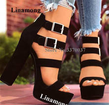 Linamong Women Elegant Open Toe Suede Leather High Platform Chunky Heel Sandals Black Straps Buckles Thick High Heel Sandals 2024 - buy cheap