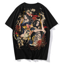 Japanese style printing beauty samurai flower short sleeve youth trend cotton round neck loose T-shirt undershirt men's clothing 2024 - buy cheap