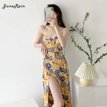 JuneRain New Vintage Split Summer Dress For Women Beach Square Collar Sleeveless High Waist Print Floral Sling Boho Dress Female 2024 - buy cheap