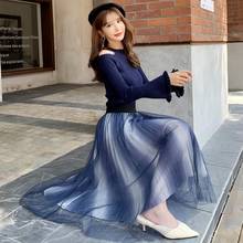 Autumn Winter Women Flare sleeve cold shoulder knit sweater tops pullovers +Elastic waist pleated Mesh skirt suit two piece set 2024 - buy cheap