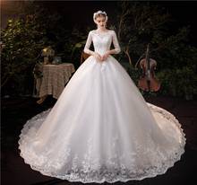 2021 novo luxo vestidos de renda longa applique com manga trem real princesa vestido de casamento bordado vestido de noiva plus size novia 2024 - compre barato