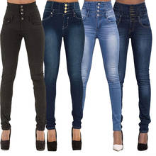 Women Stretchy Denim Trousers Slim Fitted Casual Black Blue Skinny High Waist Buttons High Street Jeans Streetwear Pants 2024 - buy cheap