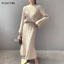 2020 Spring Autumn Plaid Knit Two Piece Set Women O-Neck Pullover Sweater And Midi Skirt Suit Casual Twist 2 Pieces Set Female 2024 - buy cheap