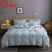 Jogo de cama moderno nórdico, tamanho queen, luz azul, listrado, impresso, capa de edredom, único, casal, lençol 2024 - compre barato