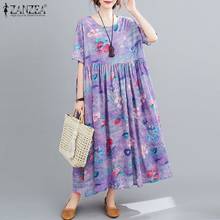 ZANZEA Vintage Floral Dress 2021 Summer Women Bohemian Short Sleeve Loose Printed Long Sundress Casual Vestidos Kaftan Plus Size 2024 - buy cheap