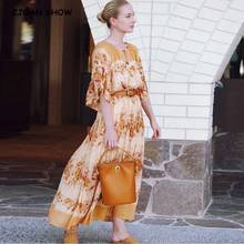 2020 Bohemia Women V neck Orange Floral Print Flare Sleeve Dress Holiday Bell Tassel Bandage Elastic Waist Loose Long Dresses 2024 - buy cheap