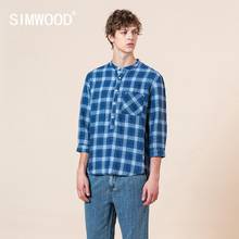 SIMWOOD 2022 Summer New 100% Linen Plaid Collarless Half-Placket Shirt Men Casual Three Quarter Sleeve Casual Shirts SJ130262 2024 - buy cheap