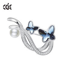 CDE Elegant Beautiful Blue Crystal Butterfly Brooch Pin with Pearl for Women Suit Jacket Clothing Accessories 2024 - buy cheap