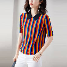 Rainbow Striped T-Shirt Tops Women Summer Casual Ice Silk Thin Knitted Pullover Pull Femme Short Sleeve 2020 Knit Tees T Shirt 2024 - buy cheap