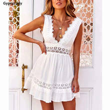 GypsyLady 100% Cotton Lace Mini Dress Summer Sexy Holiday Women Dress Crochet Sheer Backless Ruffle Ladies Beach Female Dresses 2024 - buy cheap