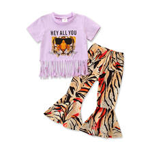 2Pcs Summer Fashion Baby Girls Clothes Sets 2pcs Cartoon Animal Printed Short Sleeve Tassel T Shirts Print Flare Pants 2024 - buy cheap