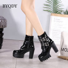 BYQDY High Heels Woman Boots Block Heel Gothic Black Punk Platform Shoes Patent Leather Round Toe Buckle Boots For Christmas 2024 - buy cheap