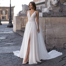 Simple Bohemian Wedding Dresses Lace Spaghetti Straps V Neck Side Slit Chiffon Bridal Wedding Gown Robe De Mariage Open Back New 2024 - buy cheap