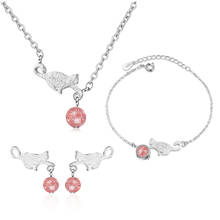 Moda morango cristal gato pingente meninas colar pulseira conjuntos de jóias feminino qualidade prata 925 brincos bijou feminino 2024 - compre barato