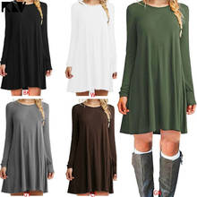 Women Plus Size Long Sleeve Loose Midi Long T-Shirt Dress Solid Color Casual Pleated Swing Round Neck Pullover Streetwear S-2XL 2024 - buy cheap