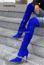 Linescolha botas femininas elegantes de camurça bico fino sobre o joelho, camurça azul amarela couro stiletto longo salto agulha 2024 - compre barato