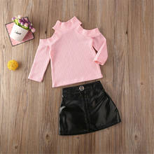 Conjunto de ropa para niños y niñas pequeños, jersey de manga larga tejido sin hombros, rosa, negro, falda de cuero PU 2024 - compra barato