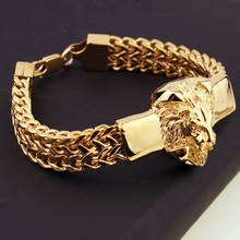 Pulseira masculina de 15mm * 8.66 ", joias de brinco de ligação, pulseira de aço inoxidável, ouro, cabeça de leão, pulseira, presente de natal, design superior 2024 - compre barato