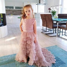Vestido infantil de renda, vestido personalizado de rosa para meninas, roupas para festa de aniversário, desfile, com cauda 2024 - compre barato