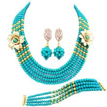 aqua blue nigerian wedding african beads jewelry set 5 strand double flower costume necklace set 2024 - buy cheap