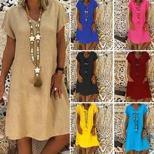 Casual Women Summer Beach Loose Solid Color Linen Short Sleeve V Neck Dress 2024 - buy cheap