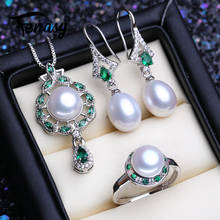 Fenasy conjunto de joias 925 prata esterlina esmeralda, pérolas naturais brincos de pino, colar pingente grande de luxo feminino, anéis de pedras verdes 2024 - compre barato
