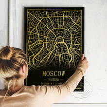 Póster Vintage de Moscú, imagen negra y dorada, Arte De Línea, mapa de Moscú de Rusia, ubicación de la geografía de estilo nórdico, Arte de la pared Decoración para el hogar 2024 - compra barato