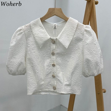 Woherb 2022 Chic Korean Short Puff Sleeve Women Blouses Shirts Single-breasted Tops Elegant Fashion Blusas Vintage Tops Blouse 2024 - buy cheap