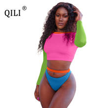 Qili-body feminino de manga longa, roupas casuais, 2 peças, sexy, trabalho com retalhos 2024 - compre barato