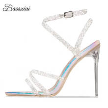 Jeweled Crystal Narrow Band Party Sandals Women Clear Thin High Heel Cross Strappy Laser Silver Summer Sandalias Mujer 2024 - buy cheap