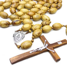 Qigo rosário de parede grande com contas de madeira, pingente longo de cruz, colar de rosário com joia católica 2024 - compre barato