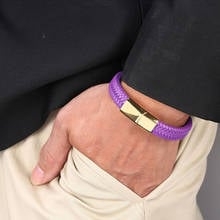 Pulseira masculina de couro, pulseira de couro roxo trançada clássica para homens 2024 - compre barato