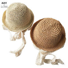 Sombreros de paja coreanos para bebé, niño y niña, correa de ganchillo, gorra plegable hecha a mano para el sol, encaje para playa, protección solar, sombrero para exteriores 2024 - compra barato