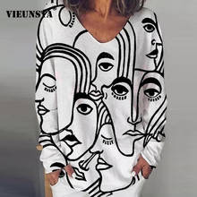 Blusa de manga larga holgada para mujer, camisa con cuello en V y estampado abstracto Vintage, ropa de calle informal, Otoño, 2021 2024 - compra barato