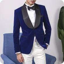 Blue Velvet Groom Wear Men Wedding Suits White Pants Smoking Jacket 2pcs Blazer Costume Homme Outfit Wide Shawl Lapel Masculino 2024 - buy cheap