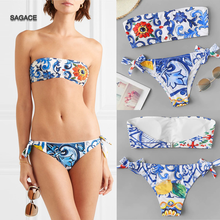 SAGACE New Summer Women's Bikini set Sexy Flower Print Split swimsuit Blue Bandage Tube top Swimwear Lady Beachwear bikinis A213 2024 - buy cheap