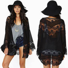 Women Casual Vintage Kimono Cardigan Hollow-out Lace Crochet Chiffon Loose Blouse Long Sleeved Beach Tops 2024 - buy cheap