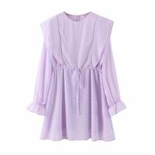 ladies vintage purple mini dress puff sleeve pleated belt waist women chic dot embroidery draped party dresses summer vestidos 2024 - buy cheap