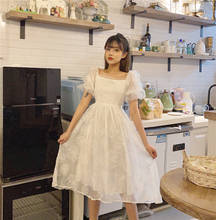 Manga curta puff branco longo midi vestido feminino floral bordado vestido de festa coreano doce kawaii verão vestido de cintura alta solto 2024 - compre barato
